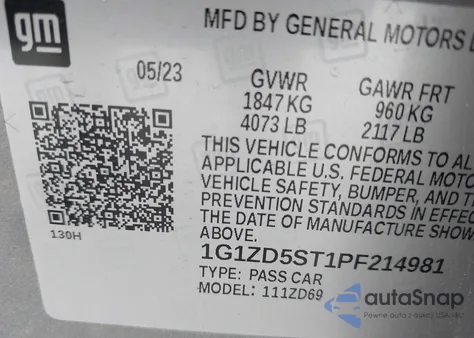 2023 Chevrolet Malibu Fwd 1Lt из США, поврежденный, VIN 1G1ZD5ST1PF214981